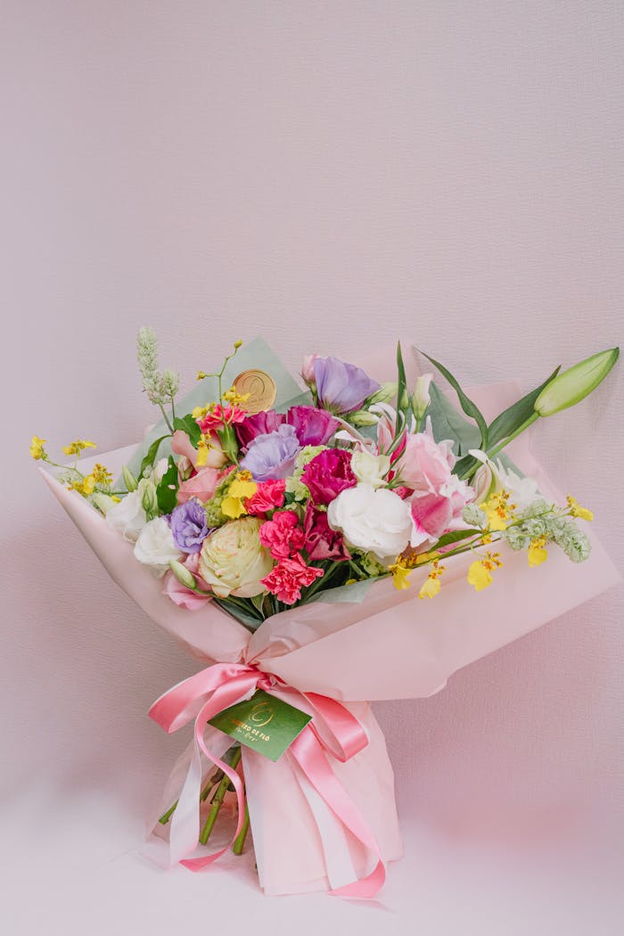 A beautiful mixed flower bouquet wrapped in pink with a pink ribbon, perfect for special occasions.