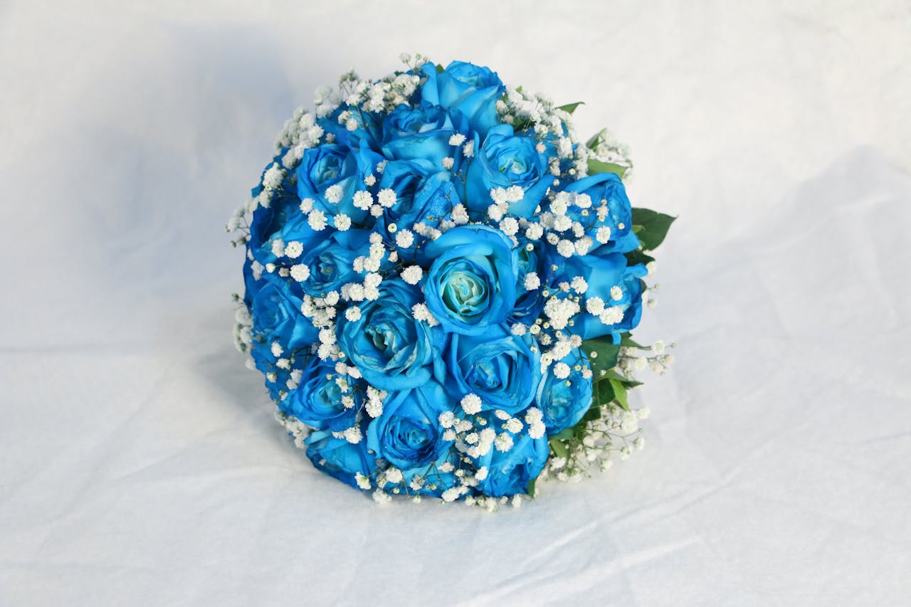 A stunning bridal bouquet featuring vivid blue roses and delicate white baby's breath.